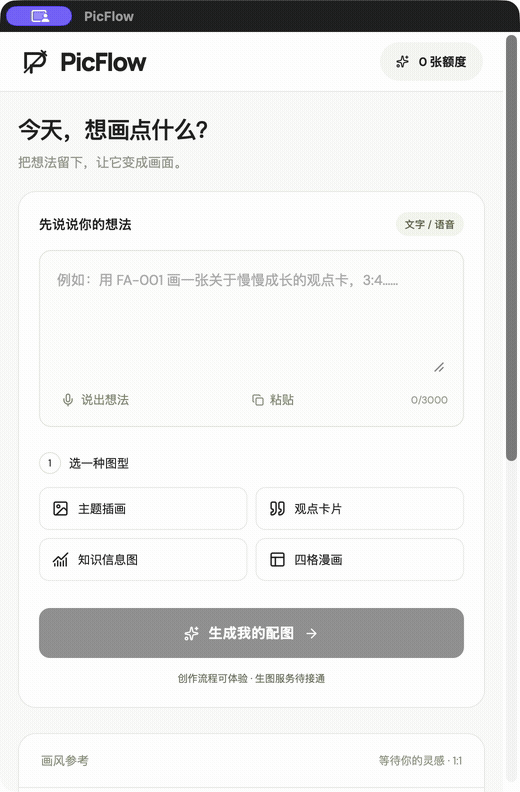 PicFlow macOS 快捷窗口演示：输入一句话，自动识别画风与比例，预览并复制提示词